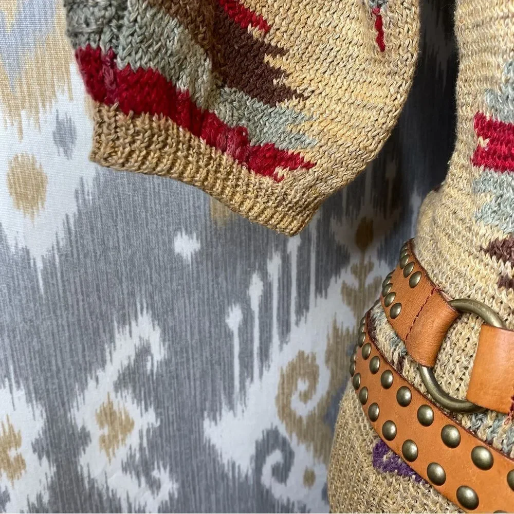 Ralph Lauren Tan Multi Southwest Aztec Hand-Knit Linen Silk V-Neck S/S Sweater - Picture 3 of 16
